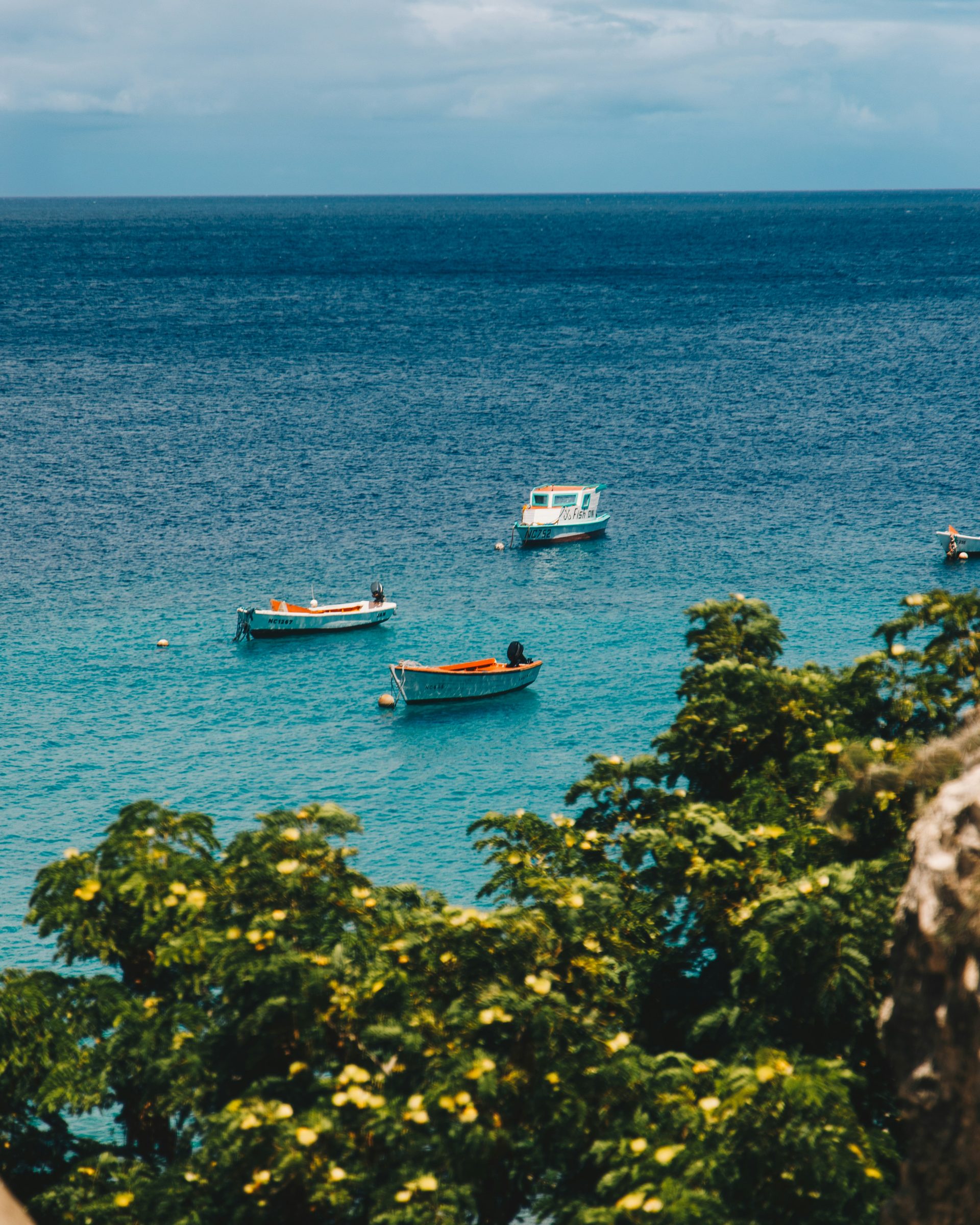 Fishing boats on a calm bay, Antigua, Caribbean