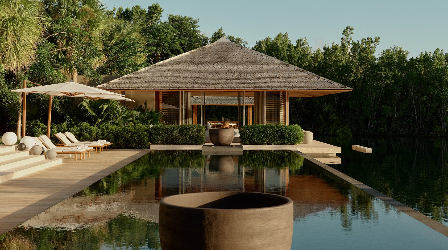 A private ocean villa deck at Amanyara facing the turquoise Caribbean