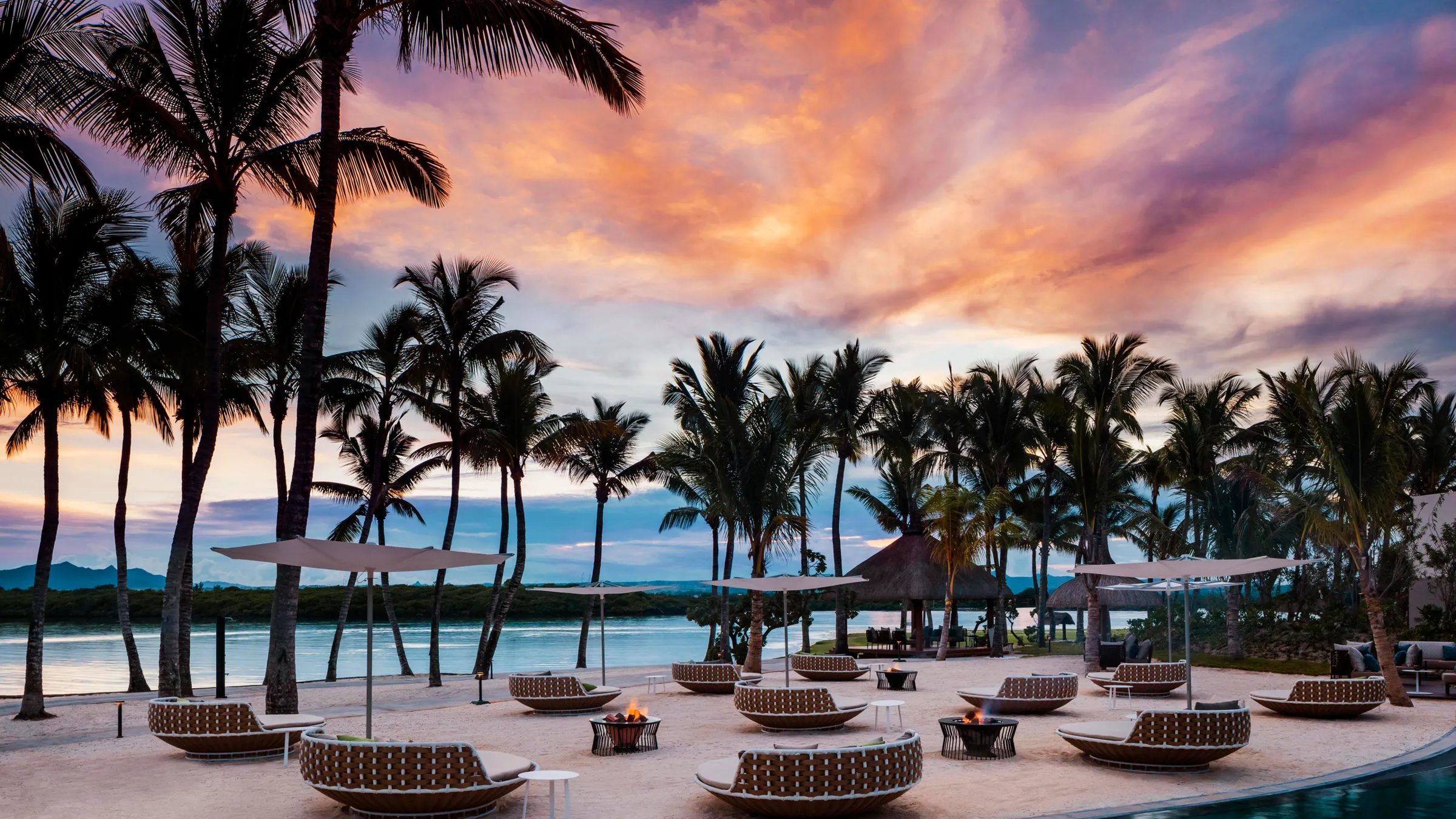 Lounge terrace by the sea at sunset, One&Only Le Saint Geran, Mauritius