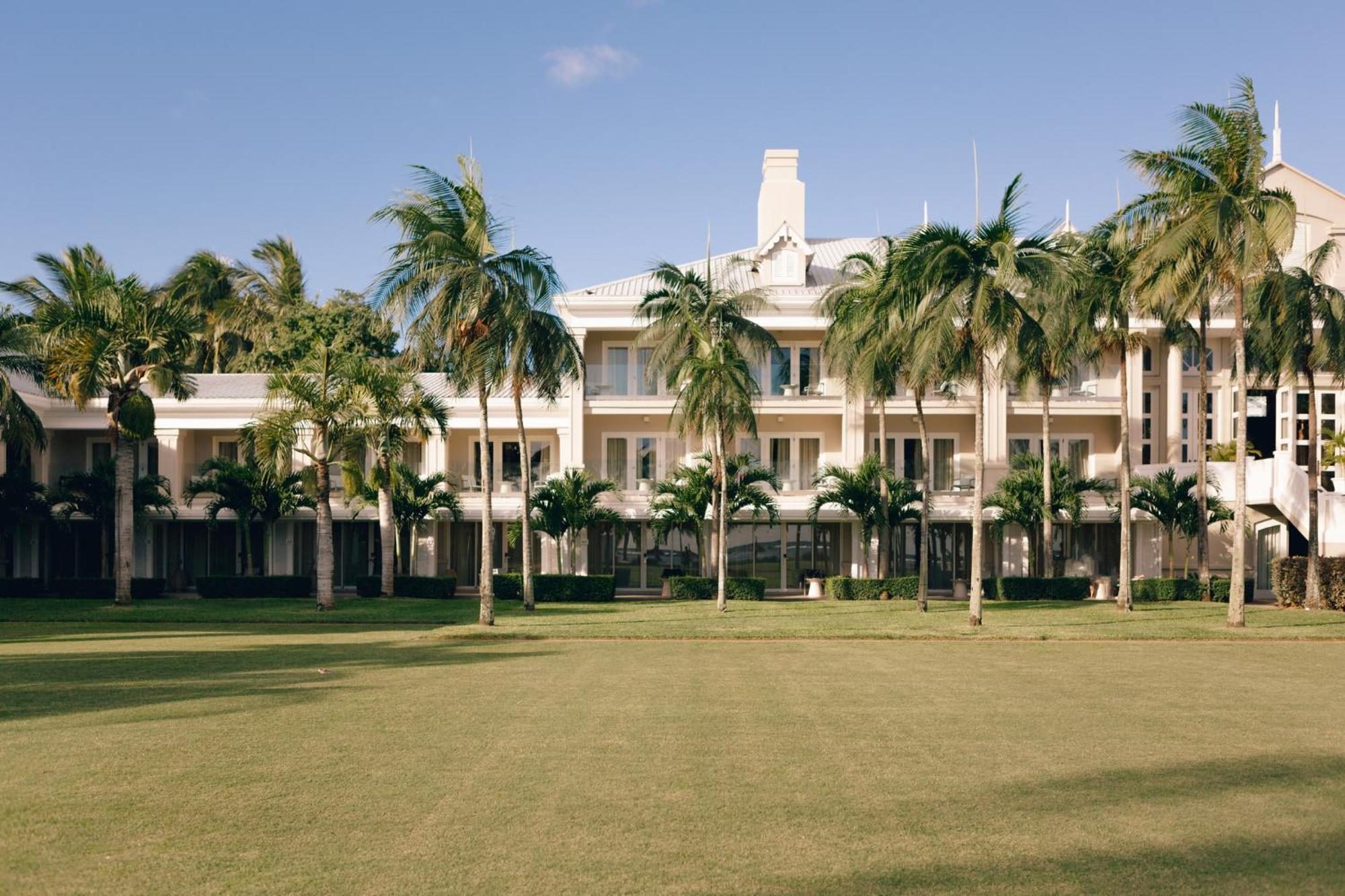 Colonial-style manor facade above the lawns, Sugar Beach Mauritius