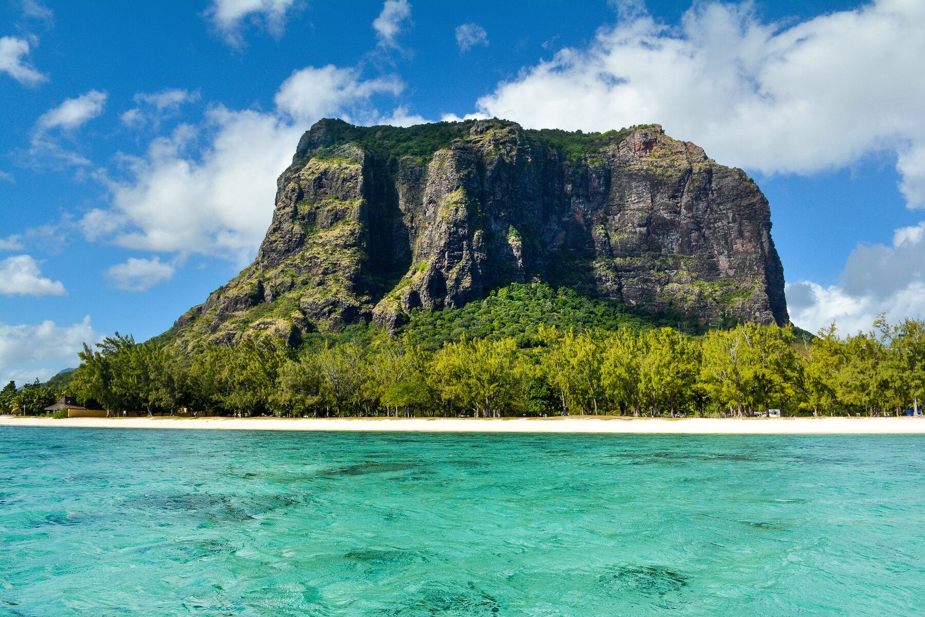Le Morne Brabant rising above a turquoise lagoon, Mauritius