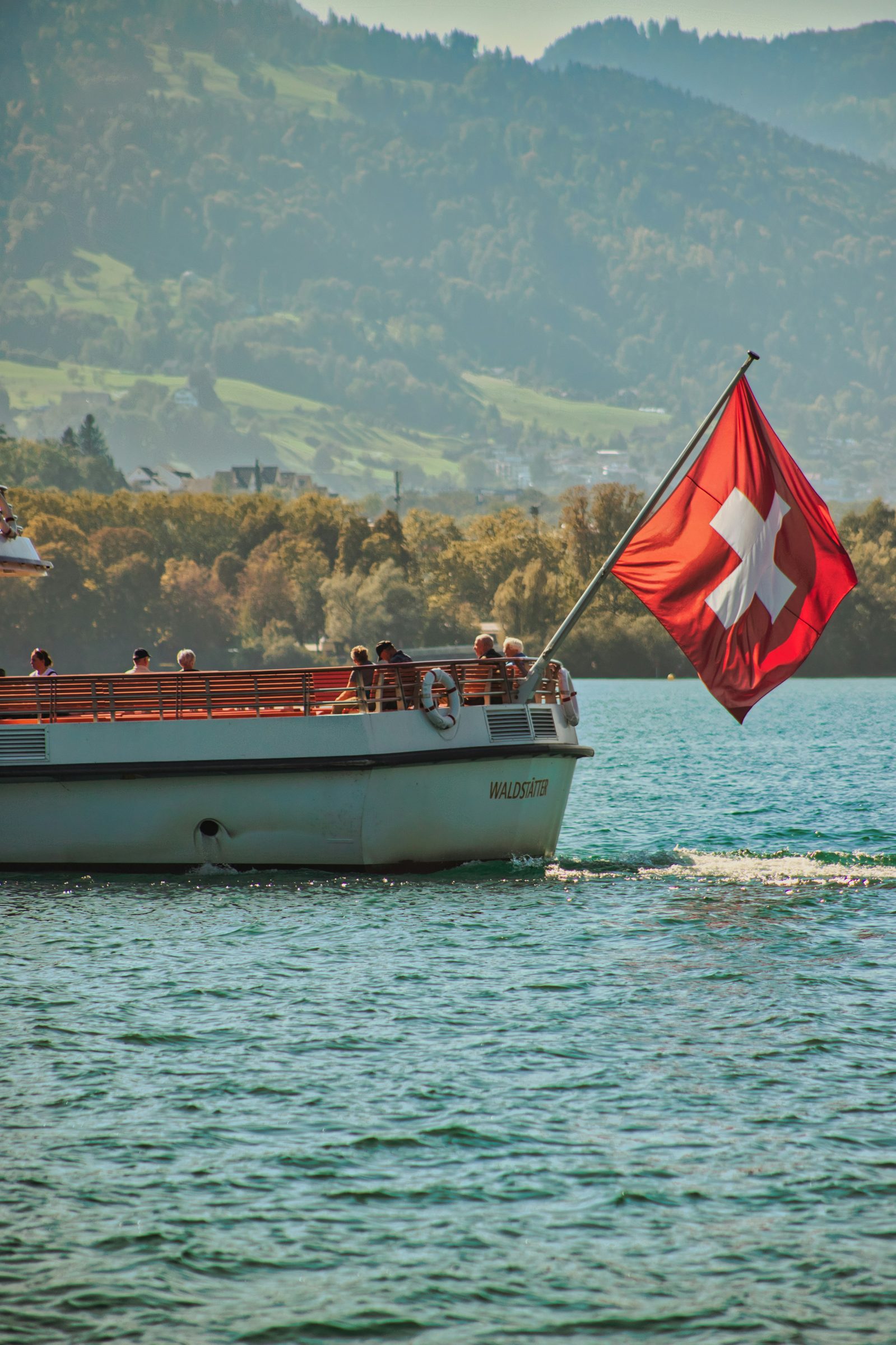 A lake steamer flying the Swiss flag, Lake Geneva, Switzerland