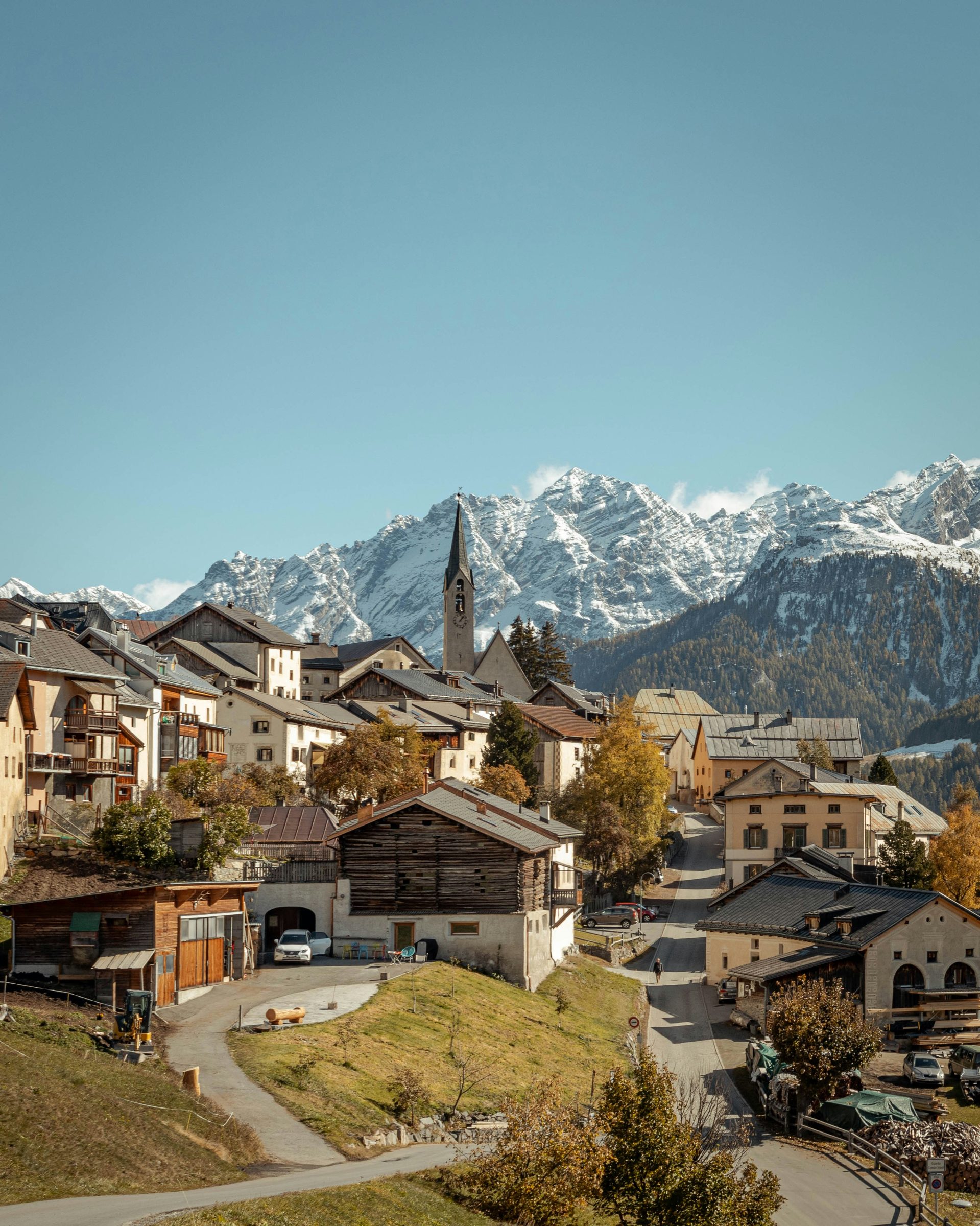 An Engadin village beneath the peaks, St Moritz, Switzerland