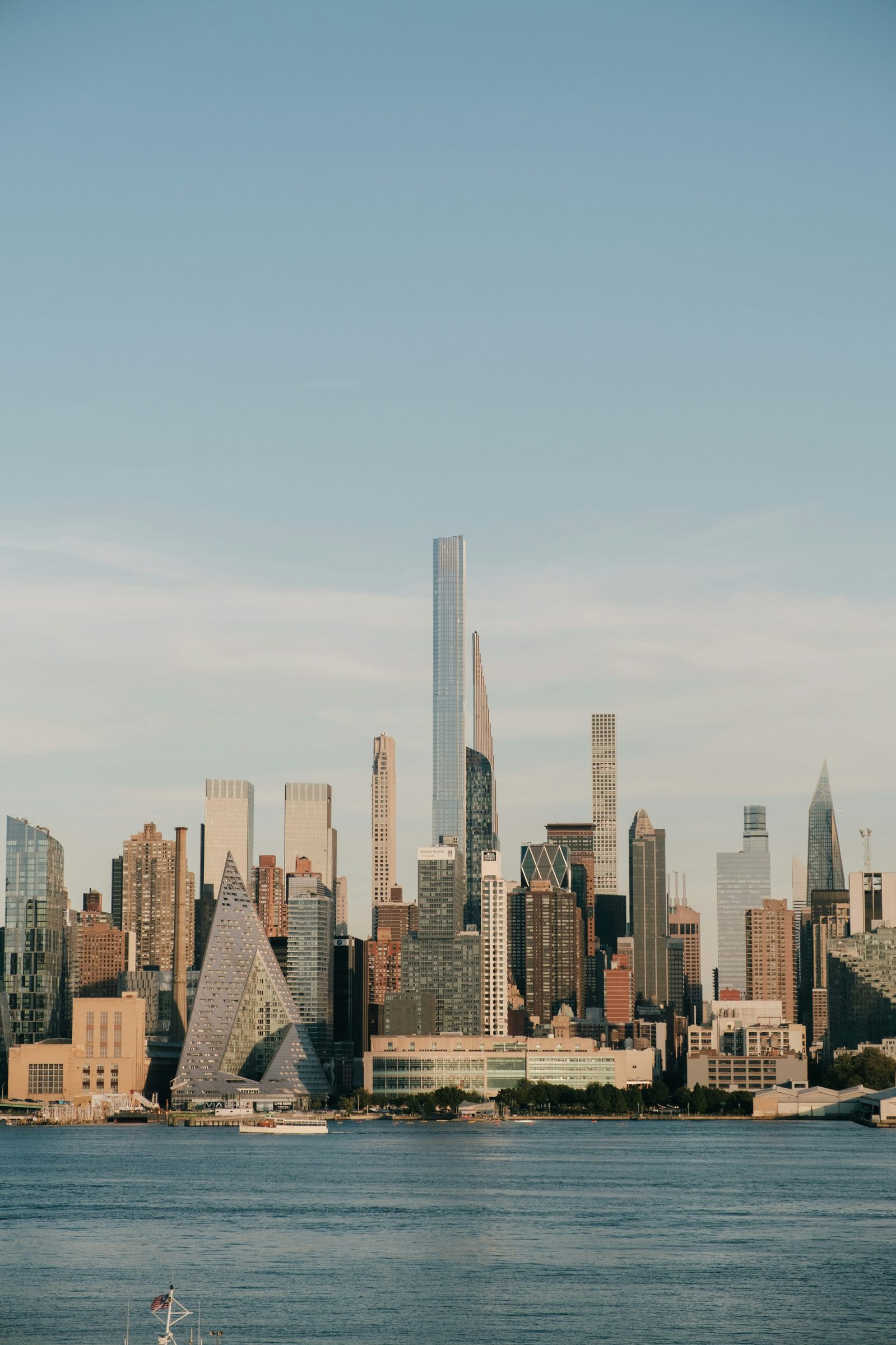 A classic American cityscape at dusk